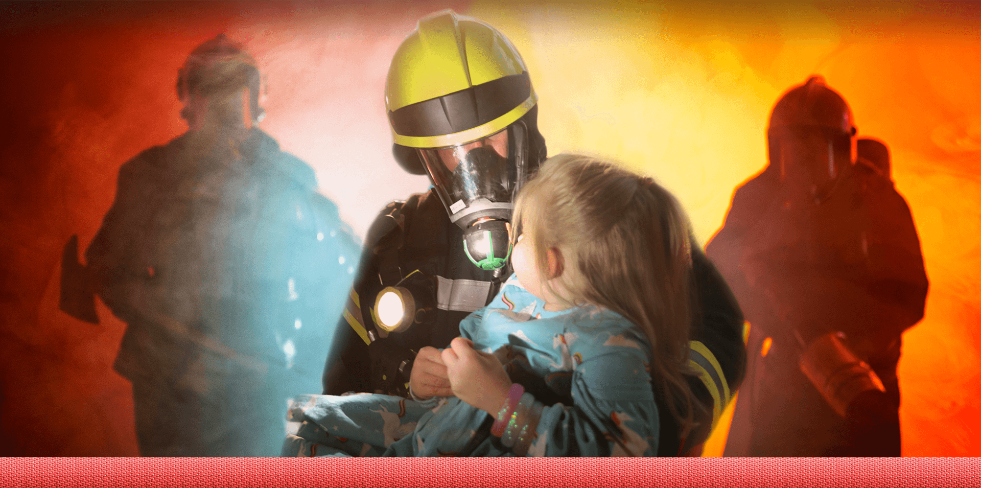 Feuerwehrmann rettet kleines Mädchen. Banner: Werde ein Held!